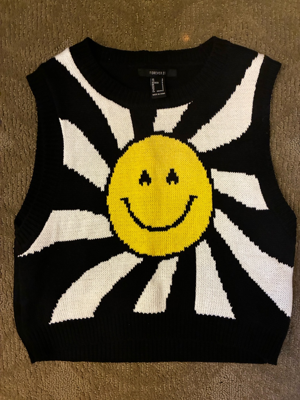 Forever 21 Black & White Knit Tank with Yellow Smiley